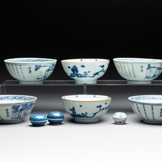 Six Chinese blue and white shipwreck bowls and three covered boxes from the Hatcher and Nanking cargo, Transitional period and Qianlong
