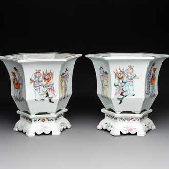 A pair of Chinese famille rose 'Wu Shuang Pu' hexagonal jardinières on stands, Republic