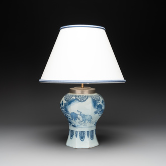 A rare blue and white Dutch Delft chinoiserie vase with elephants mounted as a lamp, 17th C.
