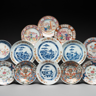 13 Chinese famille rose, verte, blue and white plates and dishes, Kangxi/Qianlong