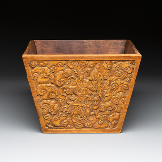A Chinese huanghuali trapezoidal vessel with four heavenly kings among the clouds, 18th C.
