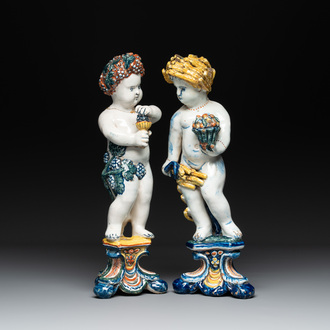 Two polychrome Dutch Delft allegorical figures of the four seasons, 18th C.