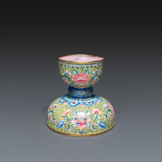 An unusual Chinese yellow-ground Canton enamel spittoon, Qianlong