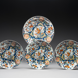 Three polychrome Dutch Delft 'lightning' plates and one dish, 1st quarter 18th C.