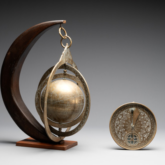 An Islamic brass astrolabe and a Persian sundial with compass, 19th C.