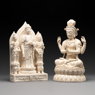 Two Chinese Dehua blanc de Chine sculptures of a Buddha and a Boddhisatva, He Chaozong 何朝宗 and Dehua 德化 marks, 20th C.