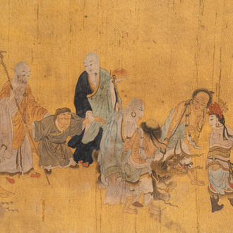 Chinese school: 'Immortals and monks', ink and colour on silk, Qing or later