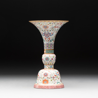 A Chinese famille rose 'bajixiang' 'gu' vase, Jiaqing mark, 19/20th C.