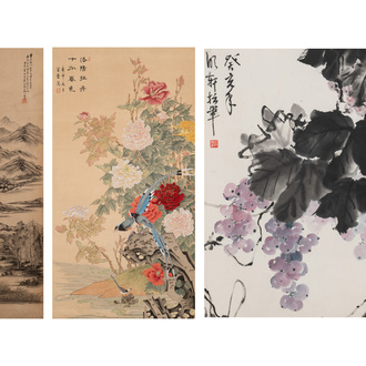 Yi Ting 彝庭, Gong Yin 宮音 and Zhang Mingxuan 張明軒 : 'Mountainous landscape', 'Peonies' and 'Grapes', ink and colour on paper and silk, 20th C.