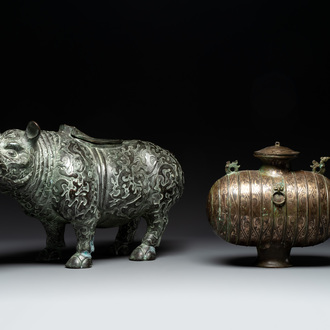Two large Chinese archaistic bronze rhino- and melon-form vessels, 20th C.