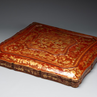 A large Chinese Canton gilt-lacquered garment box with landscape and figural design, 19th