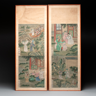 Chinese school: Two episodes from 'Romance of the Three Kingdoms', ink and colour on silk, 19/20th C.