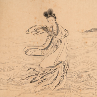 In the manner of Miao Jiahui 繆嘉慧 (1842-1918) and Liang Qichao 梁啟超 (1873-1929): 'Fairy and calligraphy', ink on silk, 19/20th C.