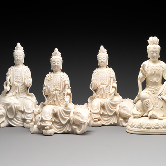 Four Chinese Dehua blanc de Chine sculptures of the seated Guanyin, 20th C.