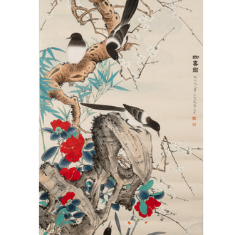 Yu Fei'an 于非闇 (1889-1959): 'Four magpies and plum blossom', ink and colour on paper