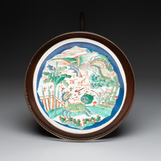 A Chinese famille verte powder-blue-ground 'qilin and phoenix' dish mounted as guéridon, Kangxi and later