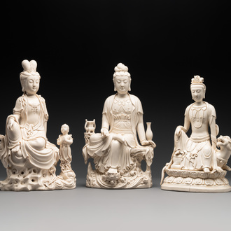 Three Chinese Dehua blanc de Chine sculptures of Guanyin, 20th C.