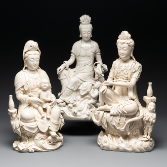 Three Chinese Dehua blanc de Chine groups of Guanyin with child, He Chaozong 何朝宗 marks, 20th C.