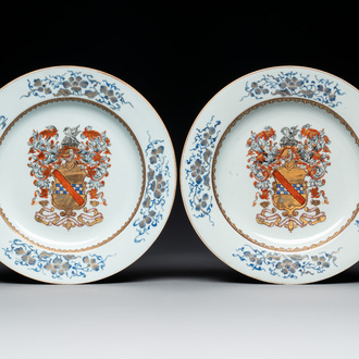 A pair of Chinese gilt-decorated famille rose armorial plates with the arms of Stewart, Qianlong, c. 1740