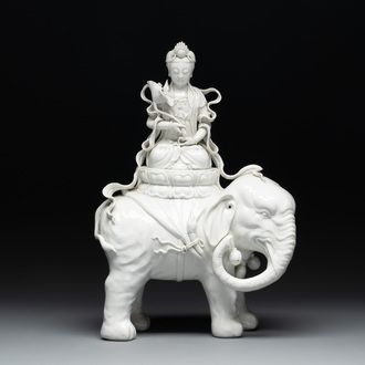 A Chinese Dehua blanc de Chine Samantabhadra seated on an elephant, Republic