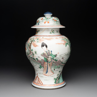 A Chinese famille verte 'ladies and boys' vase and cover, Kangxi