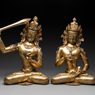 Two large gilt bronze figures of a Tara and Manjusri, Nepal, 20th C.