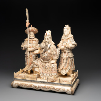 A Chinese bone-veneered group of Guandi and his attendents, 20th C