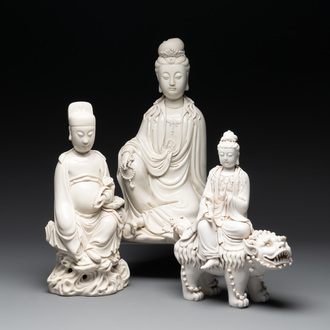 Three Chinese Dehua blanc de Chine figures of Guanyin and Wenchang, He Chaozong 何朝宗 and Dehua 德化 mark, 20th C.
