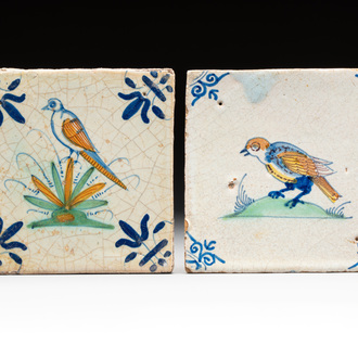Two polychrome Dutch Delft 'bird' tiles, 17th C.
