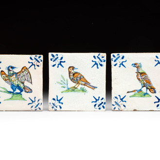 Three polychrome Dutch Delft 'bird' tiles, 17th C.