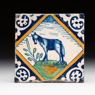 A polychrome Dutch Delft maiolica 'horse' tile, late 16th C.
