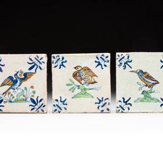 Three polychrome Dutch Delft 'bird' tiles, 17th C.