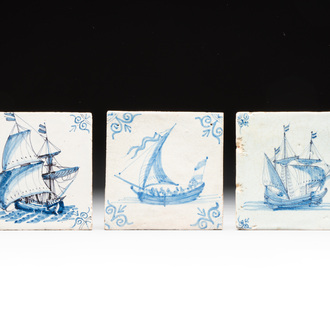 Three blue and white Dutch Delft 'large ships' tiles, 17th C.