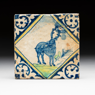 A polychrome Dutch Delft maiolica 'stag' tile, late 16th C.