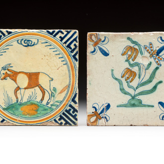 A polychrome Rotterdam 'goat' tile and a Dutch Delft 'flower and insect' tile, 17th C.