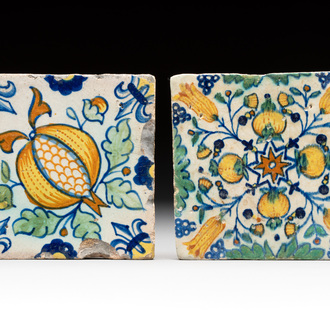 Two small polychrome Dutch Delft 'pomegranates' and 'tulips' tiles, ca. 1600