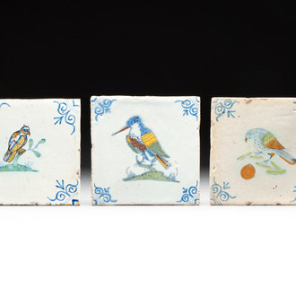Three polychrome Dutch Delft 'bird' tiles, 17th C.