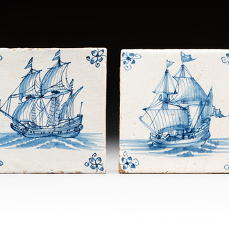 Two blue and white Dutch Delft 'three-master' tiles, 17th C.