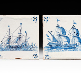 Two blue and white Dutch Delft 'three-masters' tiles, 17th C.