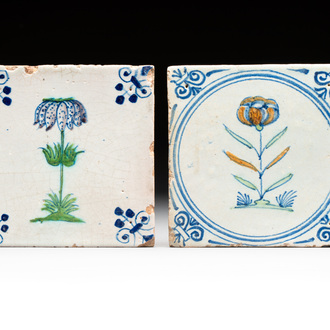 Two polychrome Dutch Delft 'flower' tiles, 17th C.