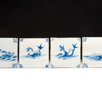 Four blue and white Dutch Delft tiles with sea creatures, 17th C.
