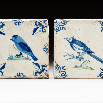 Two blue and white Dutch Delft 'bird on green ground' tiles, 1st half 17th C.