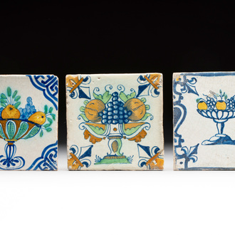 Three polychrome Dutch Delft 'fruitbowl' tiles, early 17th C.