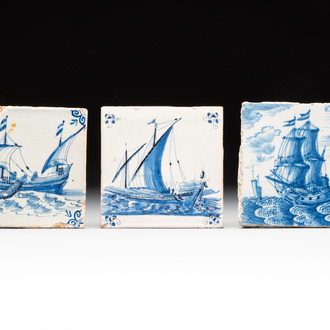 Three blue and white Dutch Delft 'ship' tiles, 17/18th C.