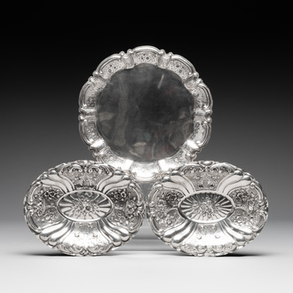 Three silver dishes with floral design, probably Germany, 19/20th C.