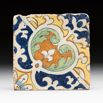 A rare polychrome Dutch Delft maiolica 'nier' or 'kidney' ornament tile, late 16th C.