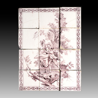 A manganese Dutch Delft tile tableau with a romantic scene, late 18th C.