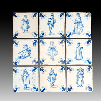 Nine blue and white Dutch Delft tiles with oak leaf corners, 17th C.