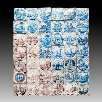 42 blue, white and manganese Dutch Delft 'biblical subject' tiles, 18/19th C.