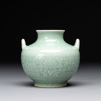 A Chinese archaistic celadon-glazed 'chilong' vase, Qianlong mark, 20th C.
